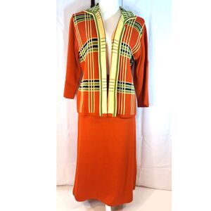 Vintage Union Made 70s Bright Orange Cream Green & Navy Sweater Knit 2 Piece Set
